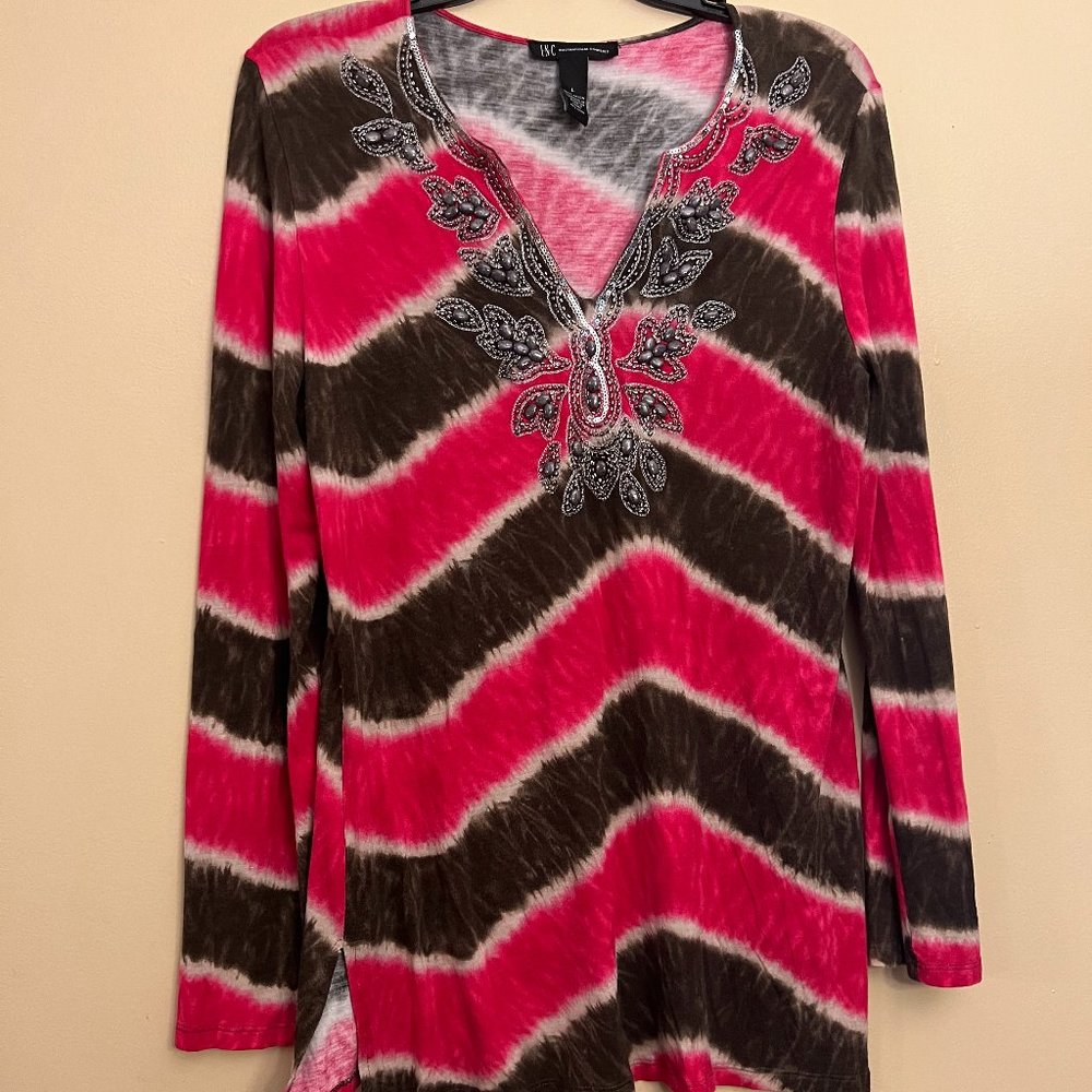 INC Women's Pink & Brown Long sleeve top, silver accent around the neckline, (L)